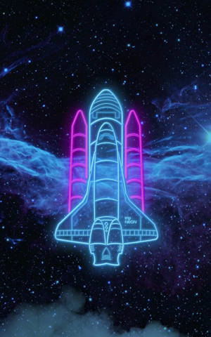 霓虹勾勒的太空穿梭機飛過繁星點點的星雲。 — Lenovo Tab 壁紙