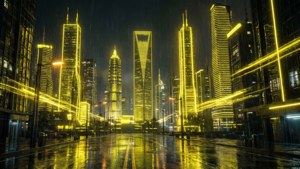 雨夜城市景觀，高聳的玻璃建築之間，潮濕的人行道上反射著發光的黃色霓虹燈。