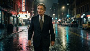 穿西裝的男人在夜晚的雨城中霓虹燈下行走。