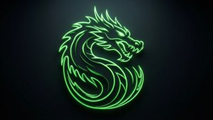 螢光綠色龍的輪廓在深色背景上盤繞成圓圈