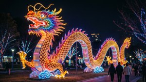 夜間公園中發光的龍燈籠，附近有人行走。 — 中國新年 壁紙