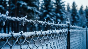 被雪覆蓋的鐵絲網圍欄，背景有常綠樹。