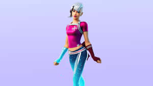 Fortnite角色穿著粉紅色上衣和發光藍色褲子，背景為薰衣草色