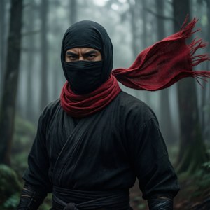 一個身穿黑色衣服、戴紅色圍巾的忍者站在迷霧森林中