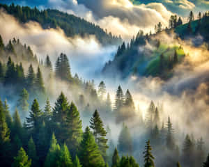 霧氣瀰漫的山林，陽光穿過雲層和樹木 — 奇幻 壁紙
