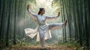 身穿白色武術服的女人在陽光穿透的竹林中練習。