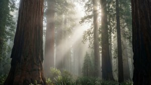 陽光穿過霧氣瀰漫的森林中高聳的紅杉樹。 — macOS Big Sur 壁紙