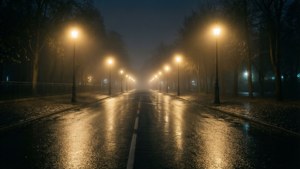 夜晚空無一人的濕漉街道，有光亮的街燈和霧氣繚繞的樹木。