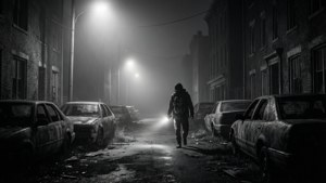 一個人在夜晚霧氣瀰漫的街道上行走，手持手電筒，周圍是廢棄的汽車和磚砌建築。