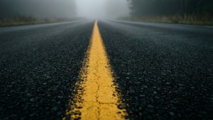 一條濕路，黃色中線消失在霧氣繚繞的樹木中。