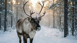 一隻長著大角的馴鹿站在冬季的雪地森林中，陽光穿過樹木照射下來。