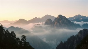 霧氣繚繞的山峰日出，前景有森林剪影