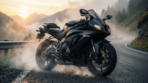 日出時山路上激起薄霧的黑色運動摩托車 — 自行車 壁紙