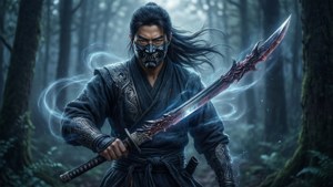 武士戰士在森林中手持發光劍，風吹動他的頭髮