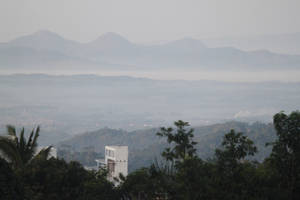 朦朧的山脈和山谷，前景有樹木和建築物