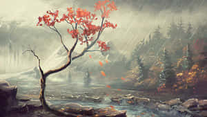 一棵紅葉樹在雨中抵禦山間溪流，背景是霧濛濛的森林。 — 日本 壁紙