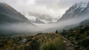 徒步者在霧氣中的山徑上，遠方有積雪山峰