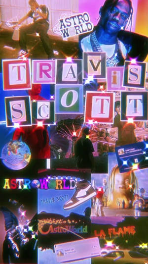 Travis Scott AstroWorld 巡迴演唱會拼貼畫，帶有霓虹燈和超現實場景。
