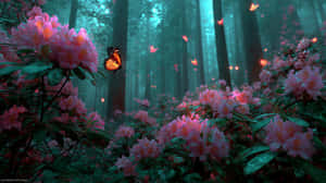 Pink azaleas and glowing butterflies in a misty teal forest — 森林 壁紙