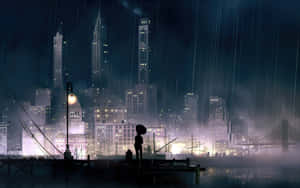 夜晚雨中城市碼頭上撐傘的人的剪影。