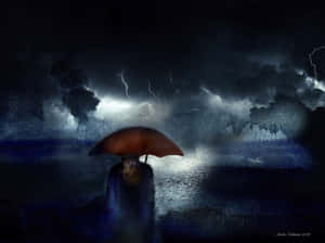 人在暴風雨夜空下拿著雨傘，有閃電。 — OLED 壁紙