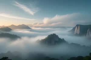 薄霧籠罩的山巒在日出時從雲海中升起，帶有柔和的藍色和金色光線。 — 冬天桌面 壁紙