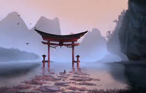 霧中紅色鳥居，石徑與山脈，黎明 — 迷霧森林 壁紙