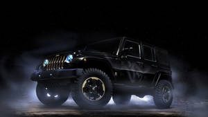 黑色Jeep Wrangler，帶有發光頭燈和金色點綴，處於薄霧夜晚環境中。