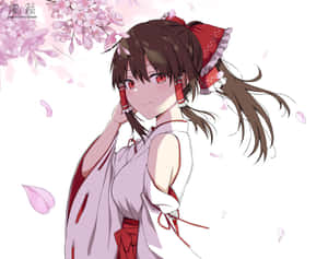 紅眼睛、棕色頭髮的動漫女孩在飄落的櫻花下。