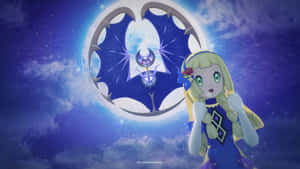 金髮辮子動漫女孩看著星空中的發光蝙蝠傳送門。 — 月色夜空 壁紙