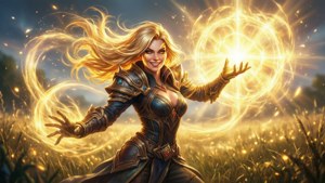 金髮盔甲戰士在日落時的草地上施展金色魔法。