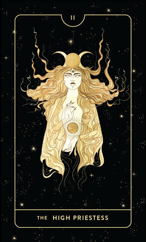 塔羅牌描繪女祭司，金色頭髮和新月皇冠，背景是星空。