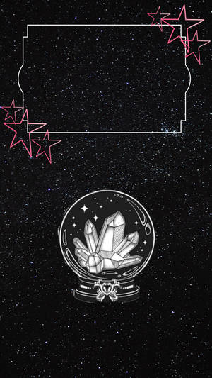 帶有幾何水晶的水晶球，背景是帶有粉紅色星星輪廓的星空夜空。