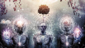 三個發光的人形人物，帶有星座符號和一棵秋葉樹，處於宇宙環境中。