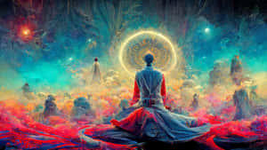 一個冥想的人物在超現實的浮動景觀中面對一個發光的宇宙傳送門。