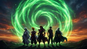 五位動漫角色在日落時分站在發光的綠色能量傳送門前。 — 幽遊白書 GIF 壁紙