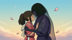 紅衣少女擁抱披風人物，櫻花在夕陽天空飄浮。