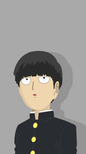 動漫男孩穿著黑色校服，帶有黃色鈕扣，背景為灰色。