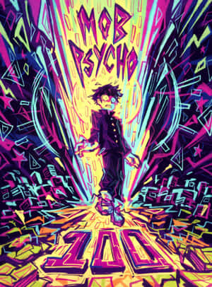 動漫角色 Mob Psycho 被色彩繽紛的能量爆發和風格化文字包圍。
