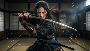 武士戰士在傳統道場中持劍擺出戰鬥姿勢，火花四濺。