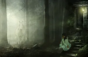 女孩穿著白色長袍坐在石階上,幽靈般的白馬出現在老房子附近的迷霧森林中。