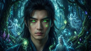 一個擁有發光綠色眼睛的男人，在黑暗的魔法森林中被神秘的精靈包圍。