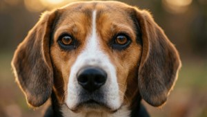 一隻比高犬，有棕色眼睛同垂耳，喺金色戶外環境中直視鏡頭。