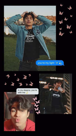 年輕男子三種姿勢的拼貼，帶有粉紅色蝴蝶和浪漫訊息。