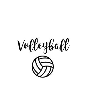 黑色草書文字「Volleyball」位於一個簡單的排球線條繪畫上方。