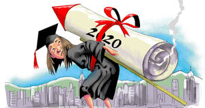 畢業生攜帶一個標有2020的火箭文憑，飛越城市景觀。