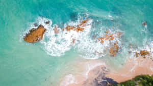 從高空俯瞰，綠松石色的海浪在岩石海岸和棕櫚樹環繞的沙灘上破碎。