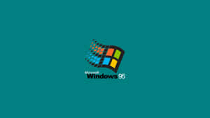 Windows 95 標誌，帶有像素化動態效果，背景為青綠色。