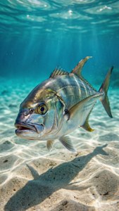銀色魚喺沙質海底附近游緊，陽光射入水中。