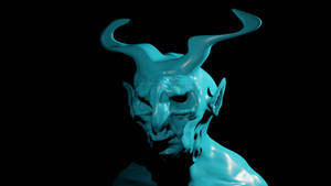 光滑青色3D惡魔半身像，帶彎曲角，黑色背景